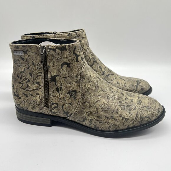 Roxy Womens Size 7 Black And Tan Floral Faux Vegan Leather Ankle Boots Shoes - Picture 1 of 15